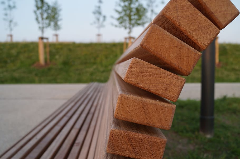 bank, sit, rest, relax, wood, park, sky, focus on foreground HD wallpaper