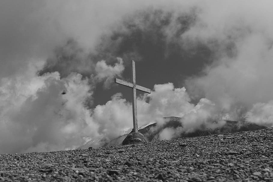 grayscale photo of cross on hill, clouds, religion, christian