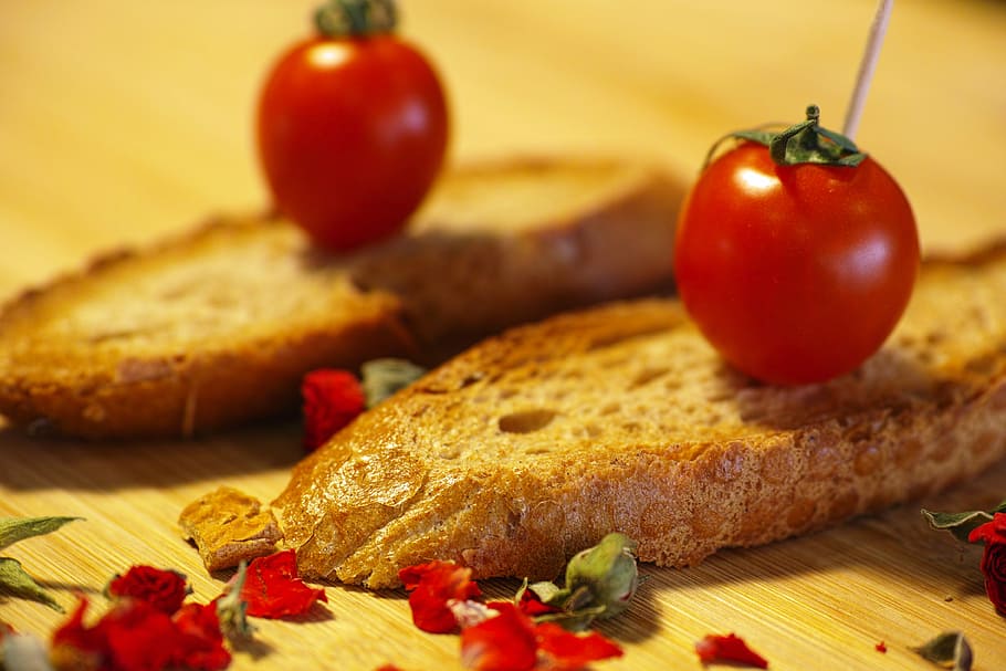 tomato, red, bread, snack, fried, freshness, food, healthy eating HD wallpaper