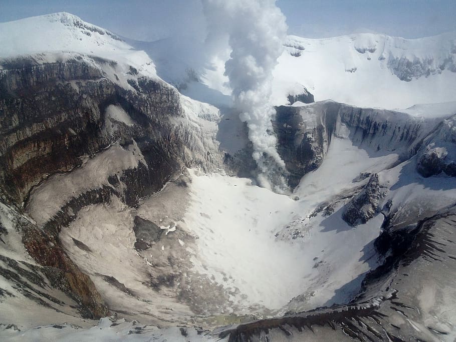 Volcano, aerial photography of brown mountain, snow, rock, cliff HD wallpaper