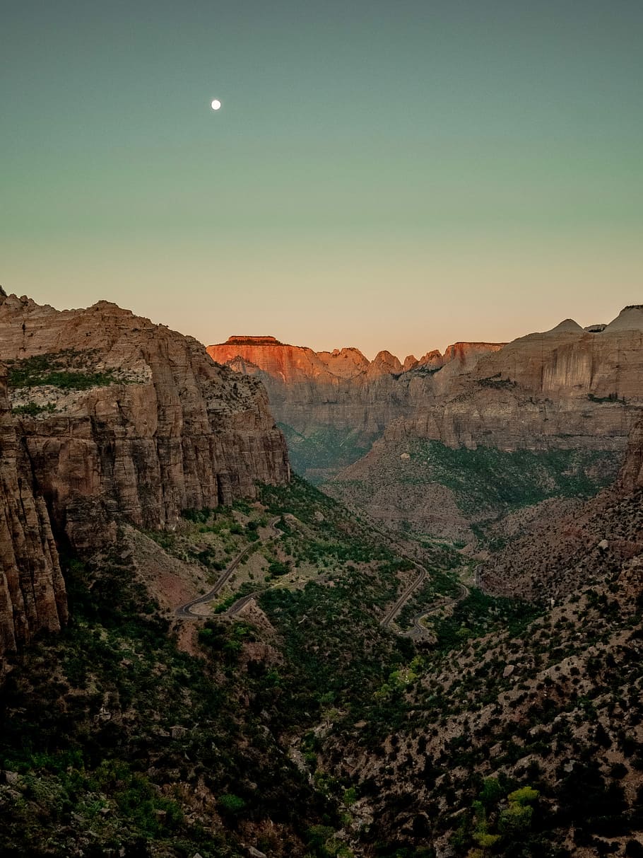 landscape photo of mountains, terrain with trees under moon, sky HD wallpaper