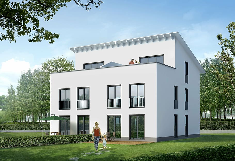 white house surrounded by lawn, single family home, villa, rendering HD wallpaper
