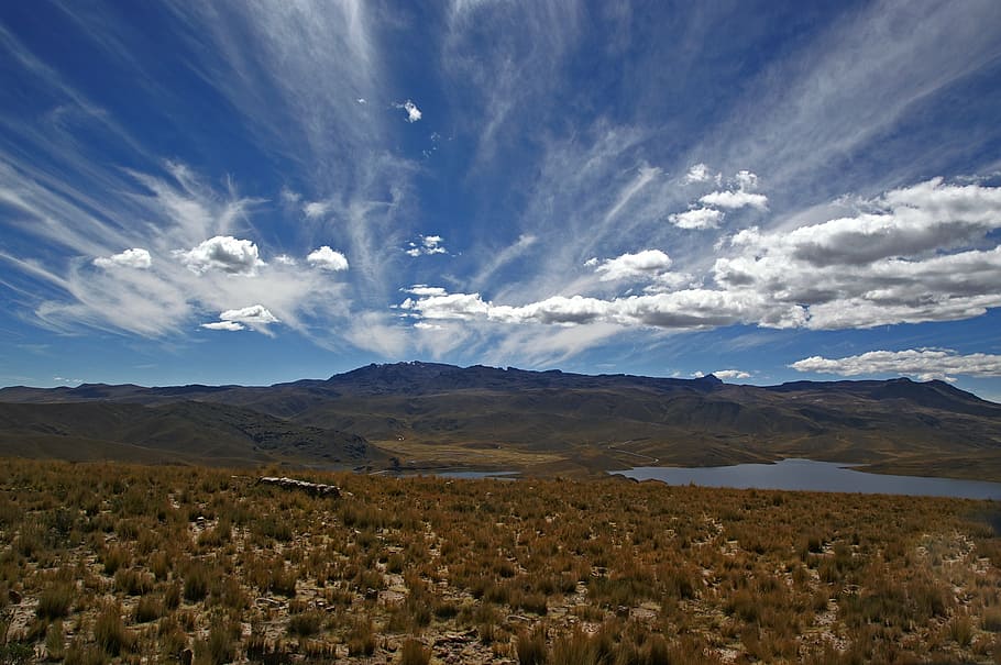 bird's-eye view of trees near body of water, peru, andes, clouds HD wallpaper