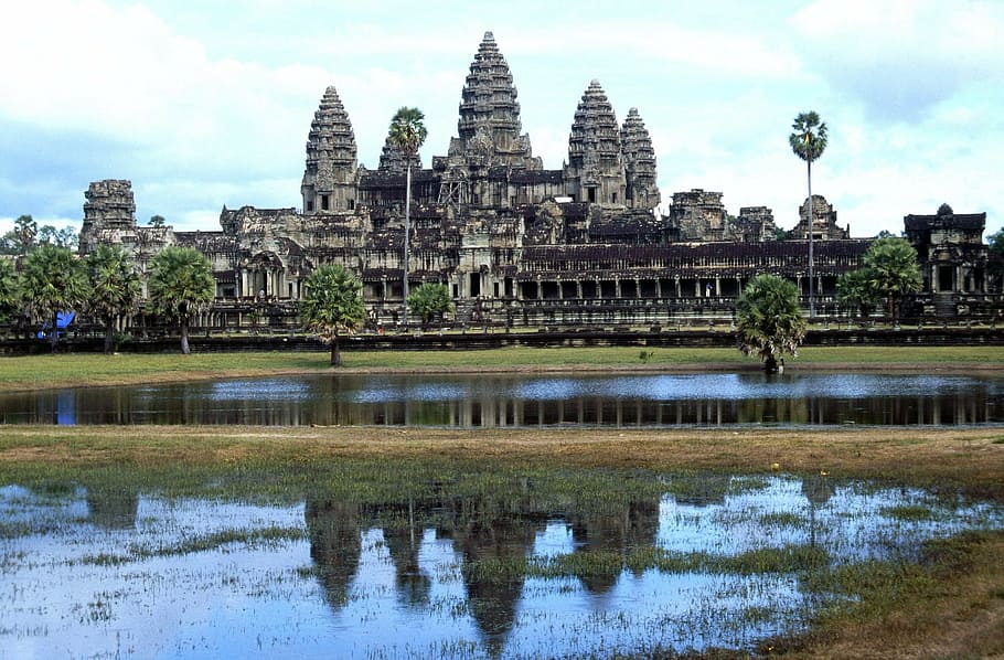 gray concrete tower, angkor wat temple, twelfth century, cambodia