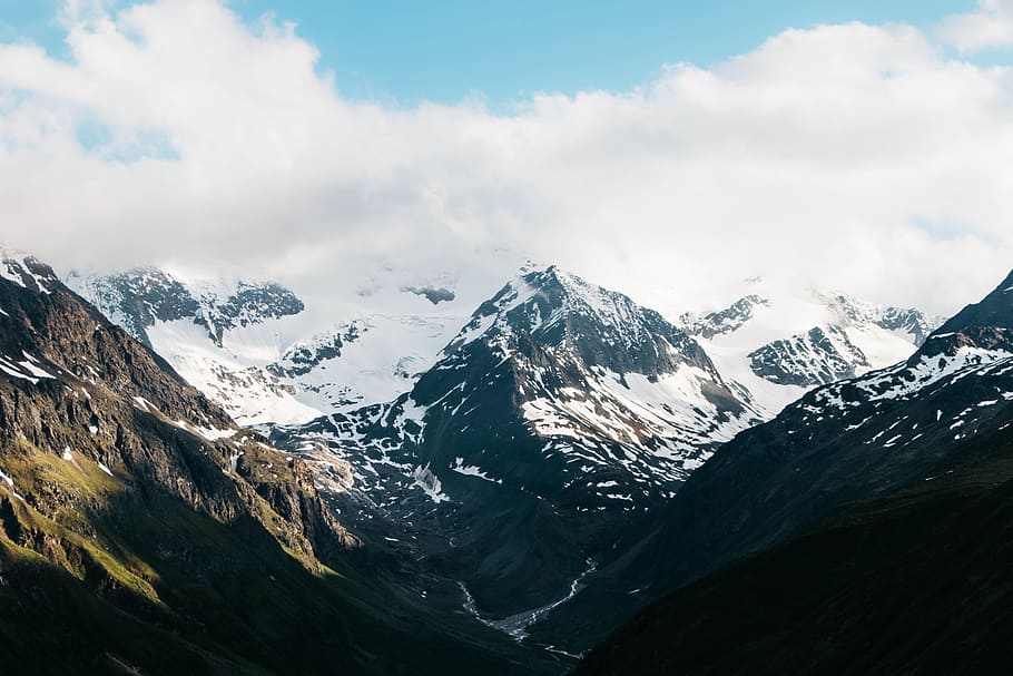 view from Rifflseehütte, rocky mountains with snows during daytime photography HD wallpaper