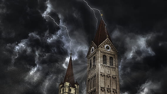 tower with lightning during night time, composing, thunderstorm HD wallpaper