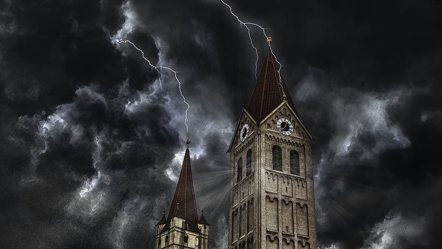 tower with lightning during night time, composing, thunderstorm