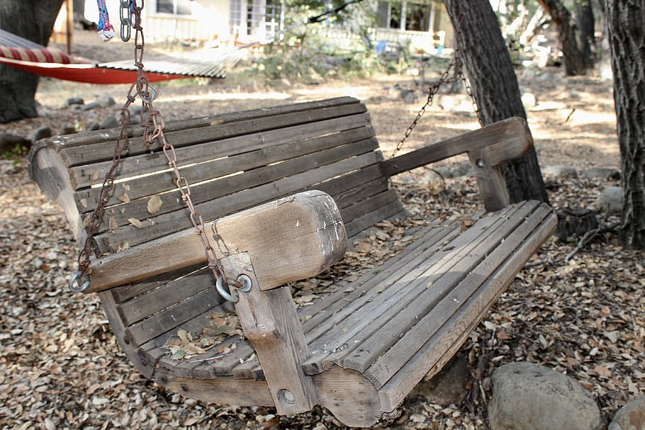 swing, bench, old, forest, wood - material, tree, day, no people HD wallpaper