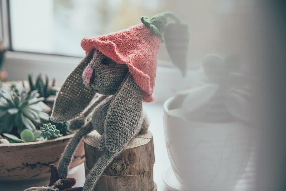 Gray Rabbit Amigurumi Plush Toy on Wood Trunk, blur, bright, cacti HD wallpaper