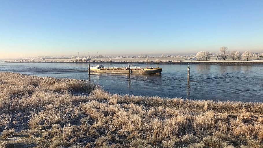 winter, river, ems, cold, wintry, water, panorama, hoarfrost HD wallpaper
