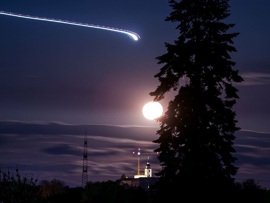 moon, night, tree, aircraft, sky, moon at night, darkness, full moon HD wallpaper