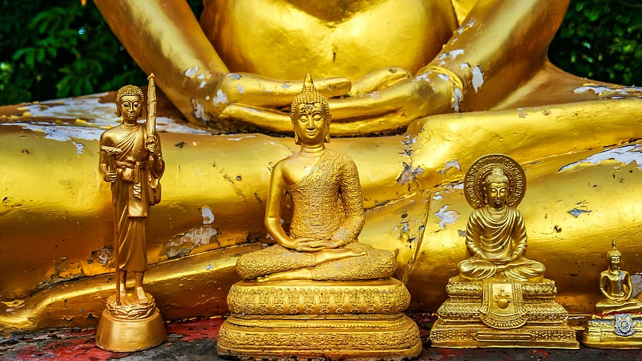 four assorted-sized of Buddha figurines, buddhism, meditation