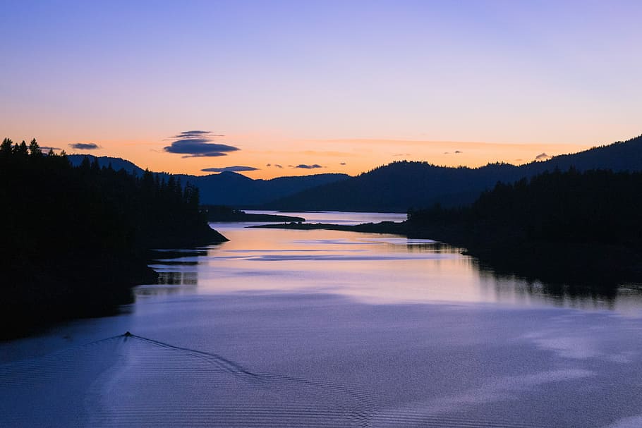 silhouette of body of water near mountain, body of water, river HD wallpaper