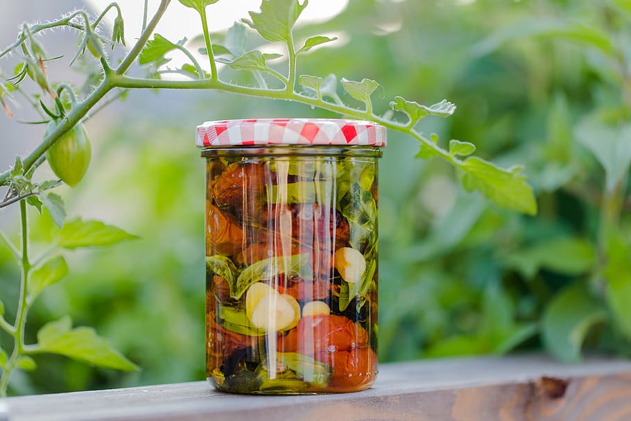 pickles in clear glass jar on gray pavement, homemade, italy, HD wallpaper