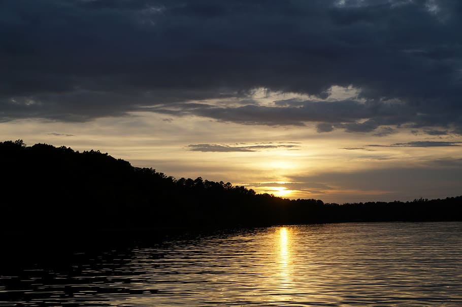 sunset, lake, mountain side, clouds, reflection, evening, scenery HD wallpaper