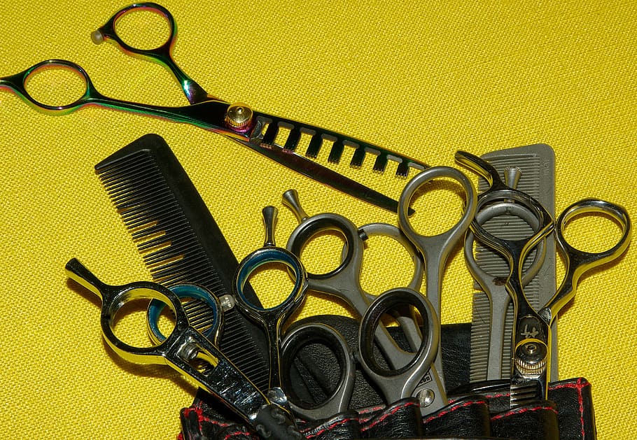 assorted-color scissors, hairdresser, combs, hairstyle, kit, yellow, HD wallpaper