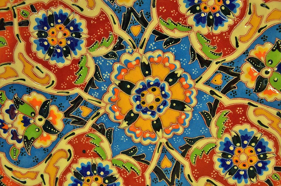 multicolored illustration, blue, yellow, floral, artwork, mosaic, HD wallpaper