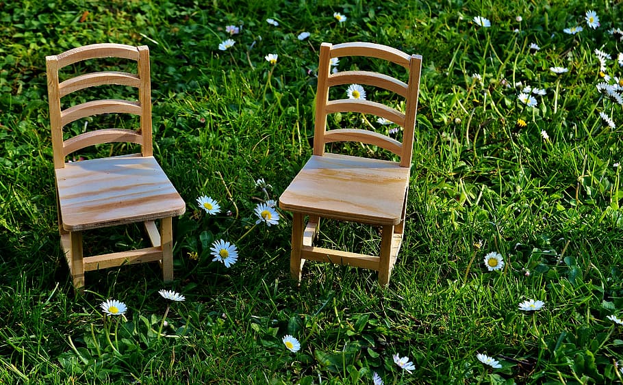 two brown wooden chairs on grass, meadow, seat, green, nature, HD wallpaper