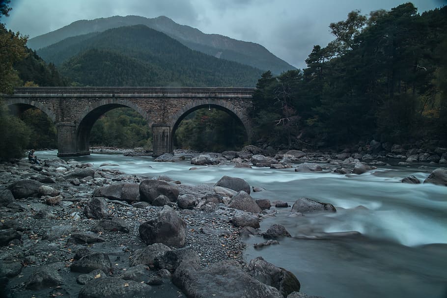 gray concrete bridge, river, rocks, flow, nature, adventure HD wallpaper