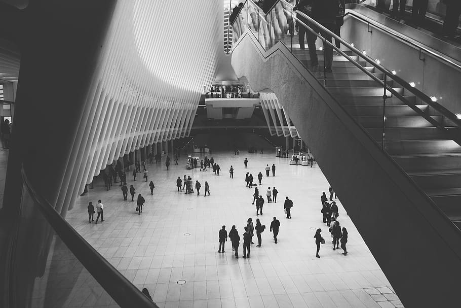 gray scale photo of people, group of people walking in mall, staircase HD wallpaper
