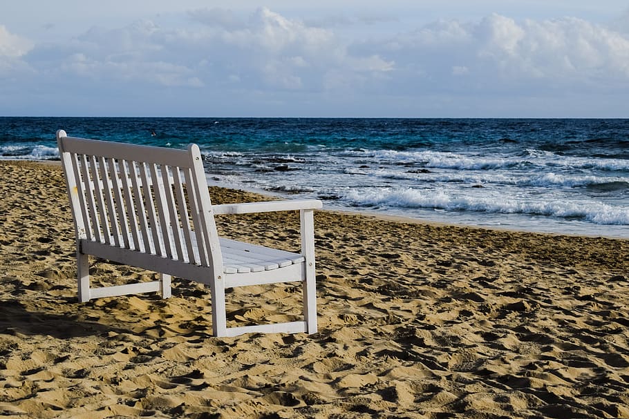 Bench, White, Beach, Sea, Relax, horizon over water, sand, chair HD wallpaper