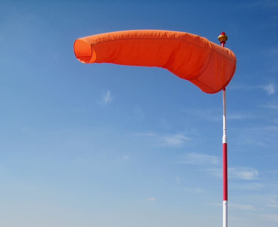 Windsock, Orange, Blue Sky, bright, air sleeve, air sock, wind cone, HD wallpaper
