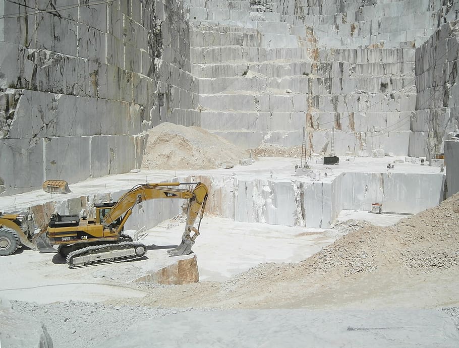 yellow and black front loader, marble, quarry, carrara marble, HD wallpaper