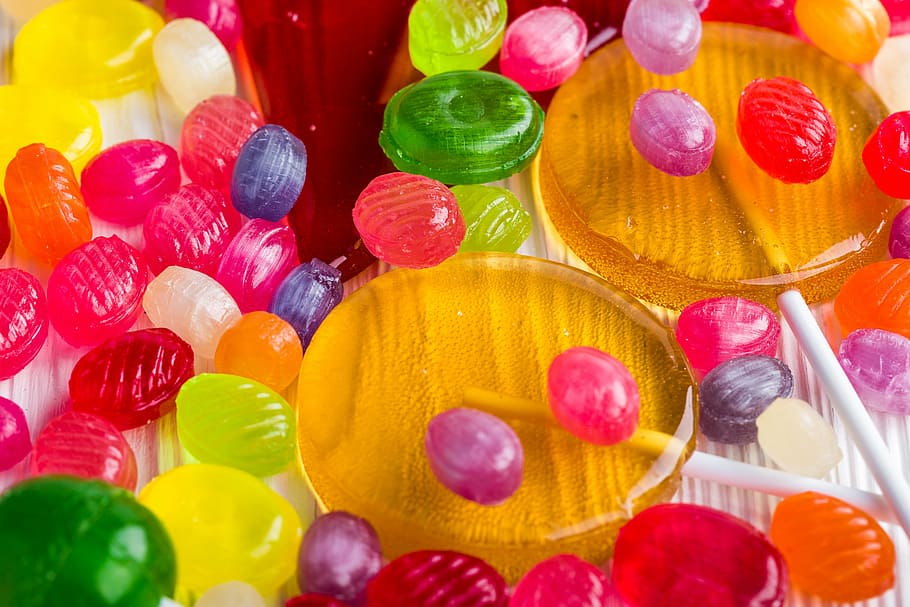 assorted-color candy lot on white surface, caramel, sweetmeats, HD wallpaper