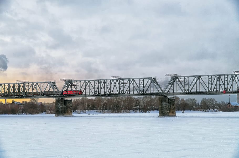 railway, bridge, winter, ice, snow, locomotive, train, connection HD wallpaper