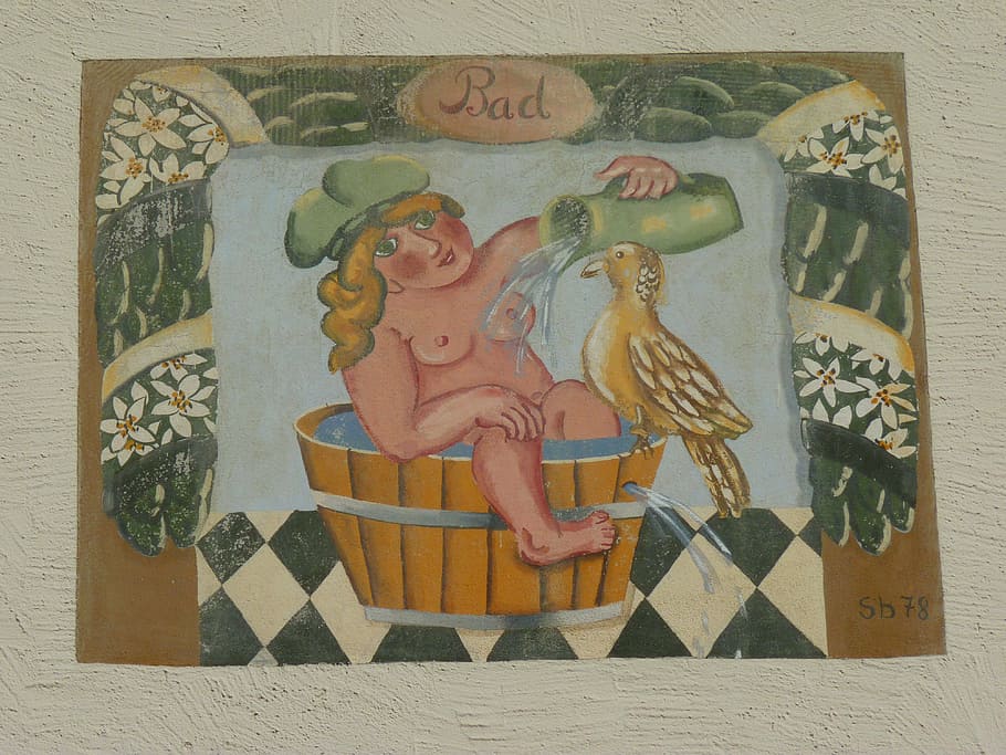 facade, painting, woman, hot tub, art and craft, representation, HD wallpaper