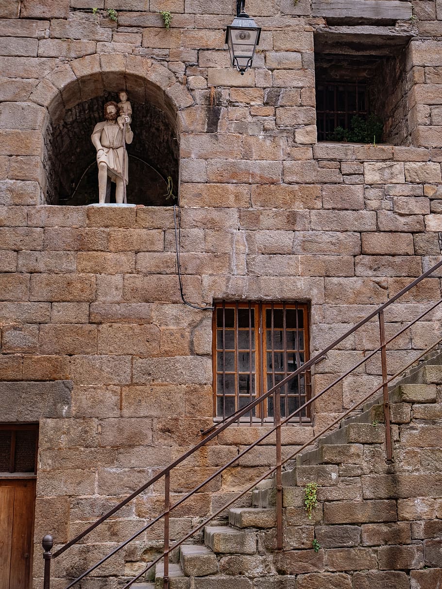 old, historic, statue, wall, iron work, steps, window, stone HD wallpaper