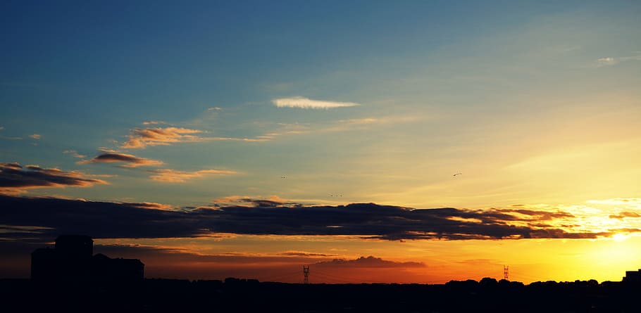 blue skies with clouds during dawn, nature, landscape, silhouette HD wallpaper