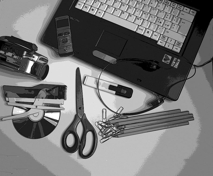 laptop beside the accessories, Office, Tools, Computer, technology HD wallpaper