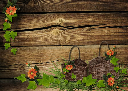 two brown woven baskets and orange flowers, rustic, leaves HD wallpaper