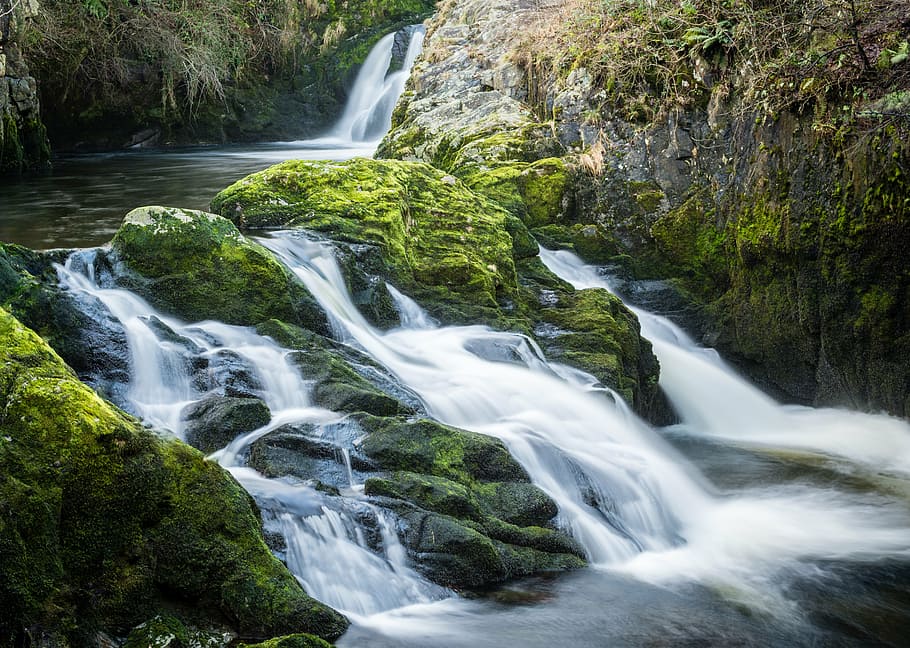 river flowing on rock painting, ingleton, waterfall, trail HD wallpaper