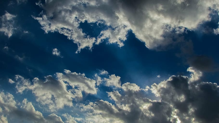 clouds, sky, blue, blue sky clouds, sunlight, sunbeam, nature HD wallpaper