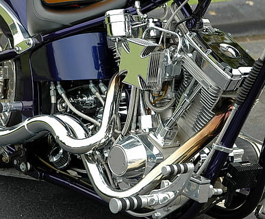 chrome motorcycle engine, shiny, chopper, transportation, motorbike HD wallpaper
