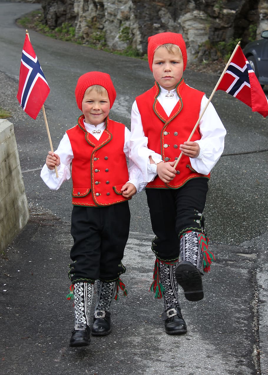 two boy's marching while holding flaglets, children, costume, HD wallpaper