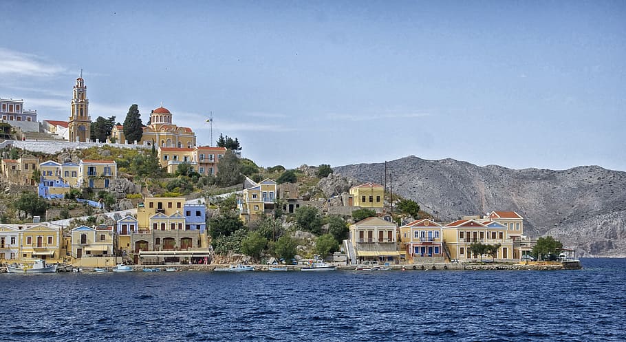 Symi, Greece, Landscape, Bay, Harbor, water, shoreline, scenic, HD wallpaper