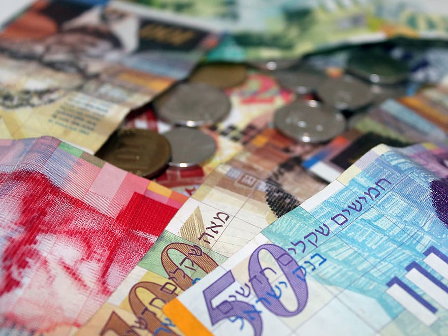 close-up photography of assorted-denominations banknotes, shekels, HD wallpaper