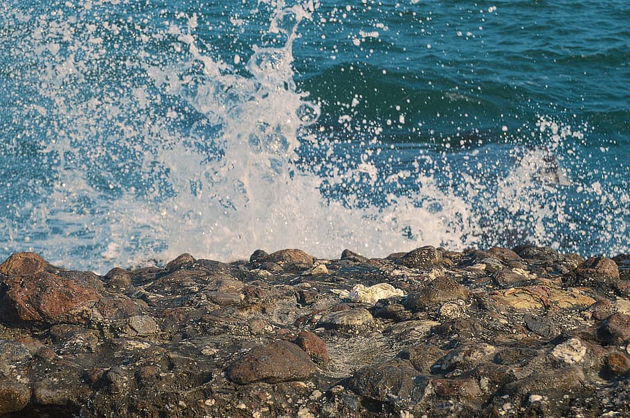 sea, wave, rocks, foam, splash, blue, spain, water, solid, rock - object HD wallpaper