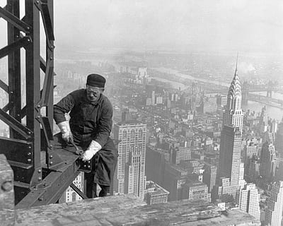greycale photo of Chrysler Building, skyscraper, workers, construction workers HD wallpaper