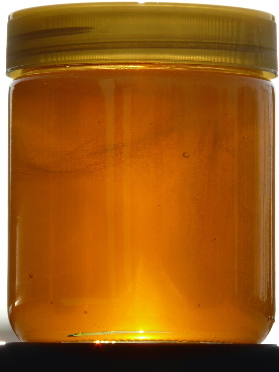 clear glass honey jar with brown lid, sweet, food, breakfast