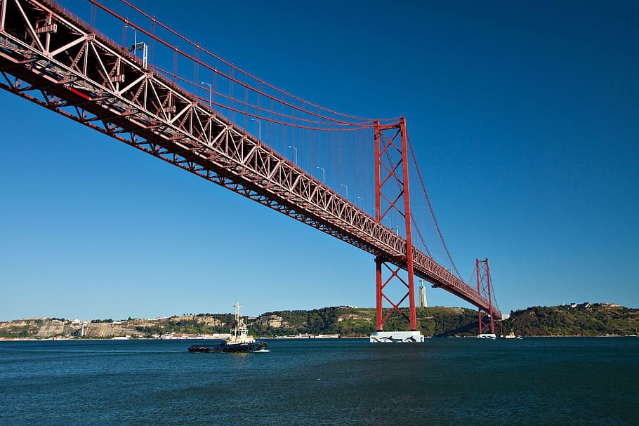 Wide-angle shot of the suspension bridge in Lisbon, Portugal, HD wallpaper