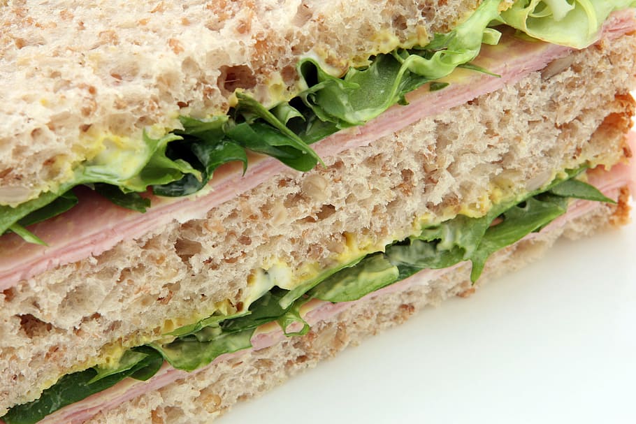 close-up photo of ham sandwich filled with lettuce, appetite, HD wallpaper