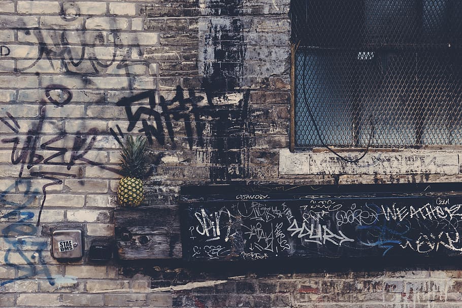 city, graffiti, dirty, building, alley, bricks, design, fruit, HD wallpaper