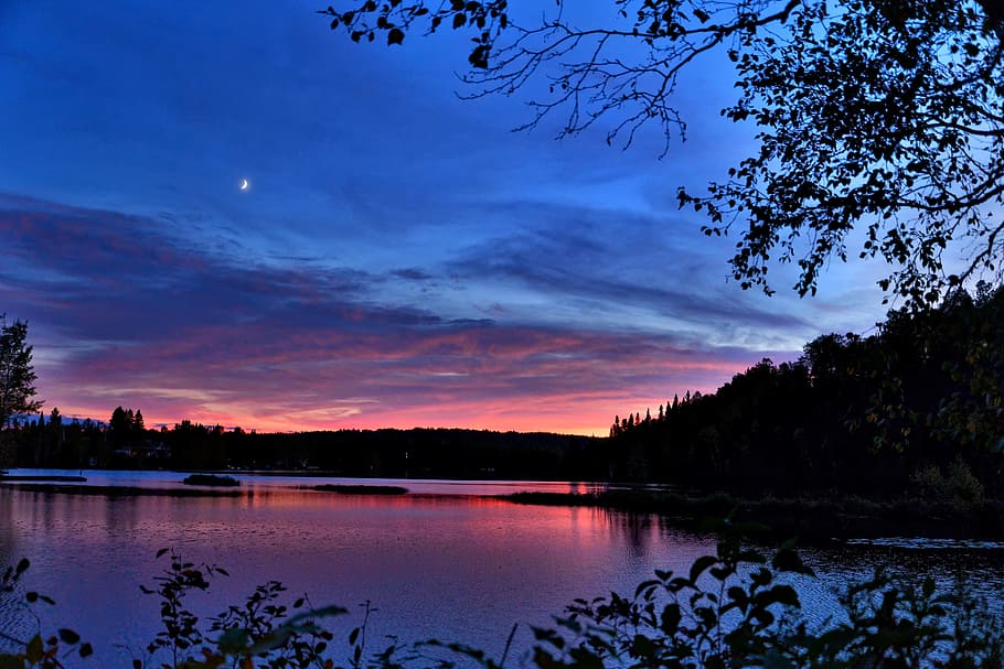 body of water during dusk, sunset, landscape, colors, evening HD wallpaper