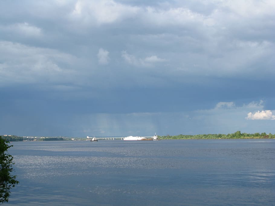 the river kama, blue sky, dark clouds, perm krai, beach, landscape