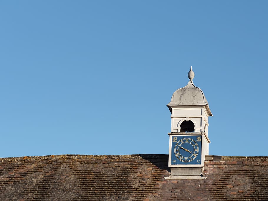 clock, time, sky, roof, blue, hour, timepiece, tiles, church HD wallpaper