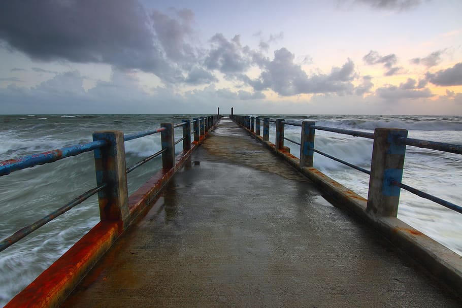 jetty, light, sea, dawn, beach, boardwalk, bridge, clouds, dock HD wallpaper